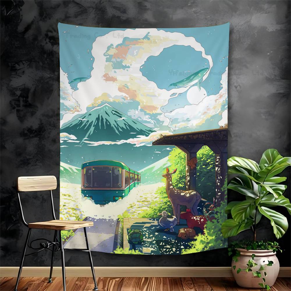 Japanese Street Train Scenery Sakura Cartoon Tapestry Art Science Fiction Room Home Decor Wall Hanging Home Decor