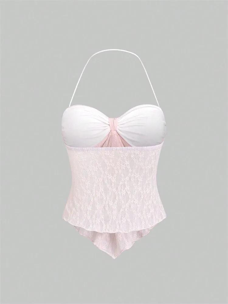 Crop Top Phumee Bow Knot Lace Halter Off the Shoulder A2454