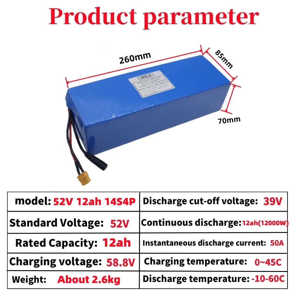 52V 12Ah 18650 Rechargeable Lithium Battery Pack 12000mAh 14S4P Suitable for 250-1000W Built-in BMS+58.8V 2A Charger