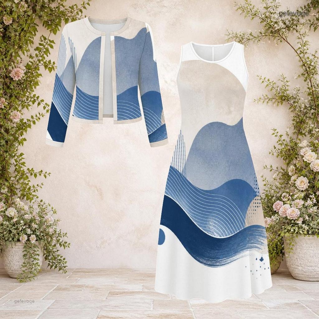 Women Plus Size Beige Black Printed Two Piece Set Round Neck Long Sleeve Cropped Cardigan Sleeveless Midi Dress