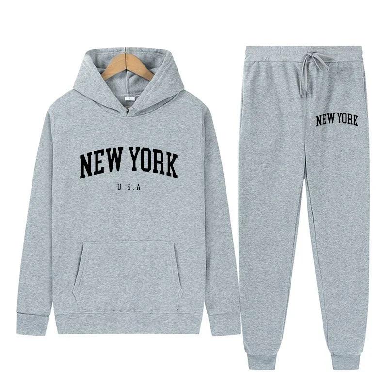 New York Letter USA City Hoodies + Hosen 2-teiliges Set Damenmode Sweatshirts Damen Casual Kapuzenpullover Sportwear-Anzug