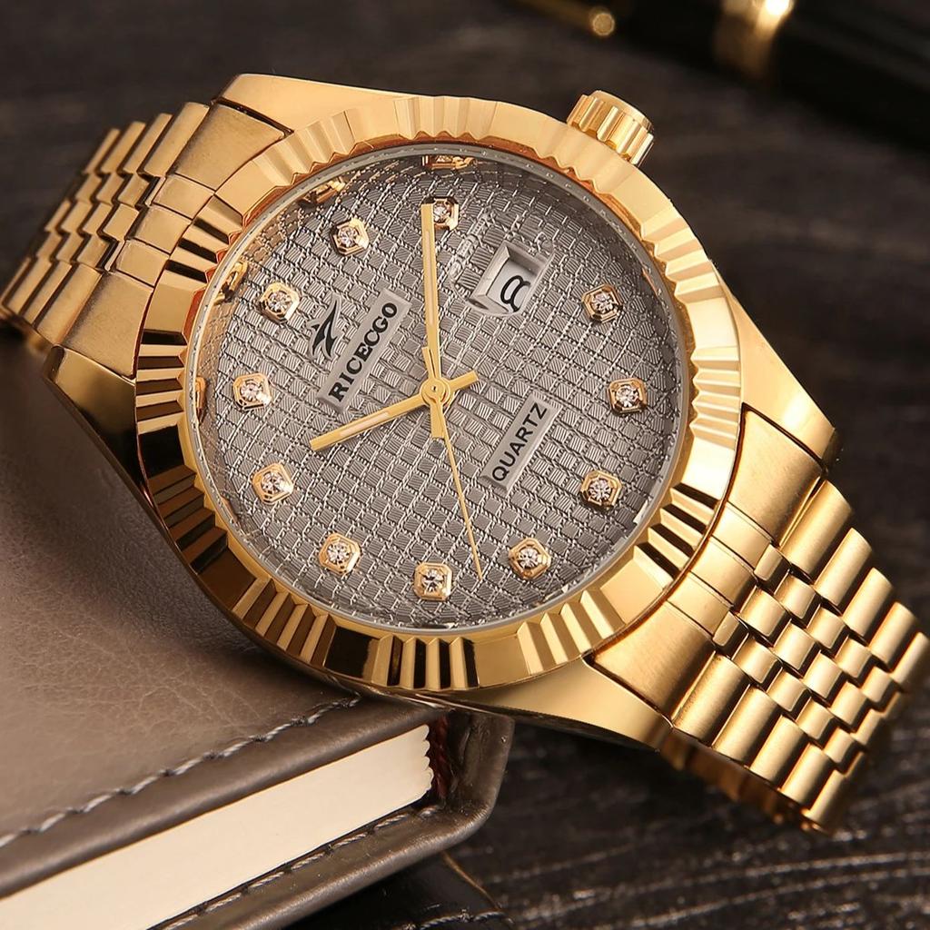 1pc Quartz Watch with Calendar Display Dial Set with Diamonds and Textured Design Fashionable Jewelry Accessories Dual Calend