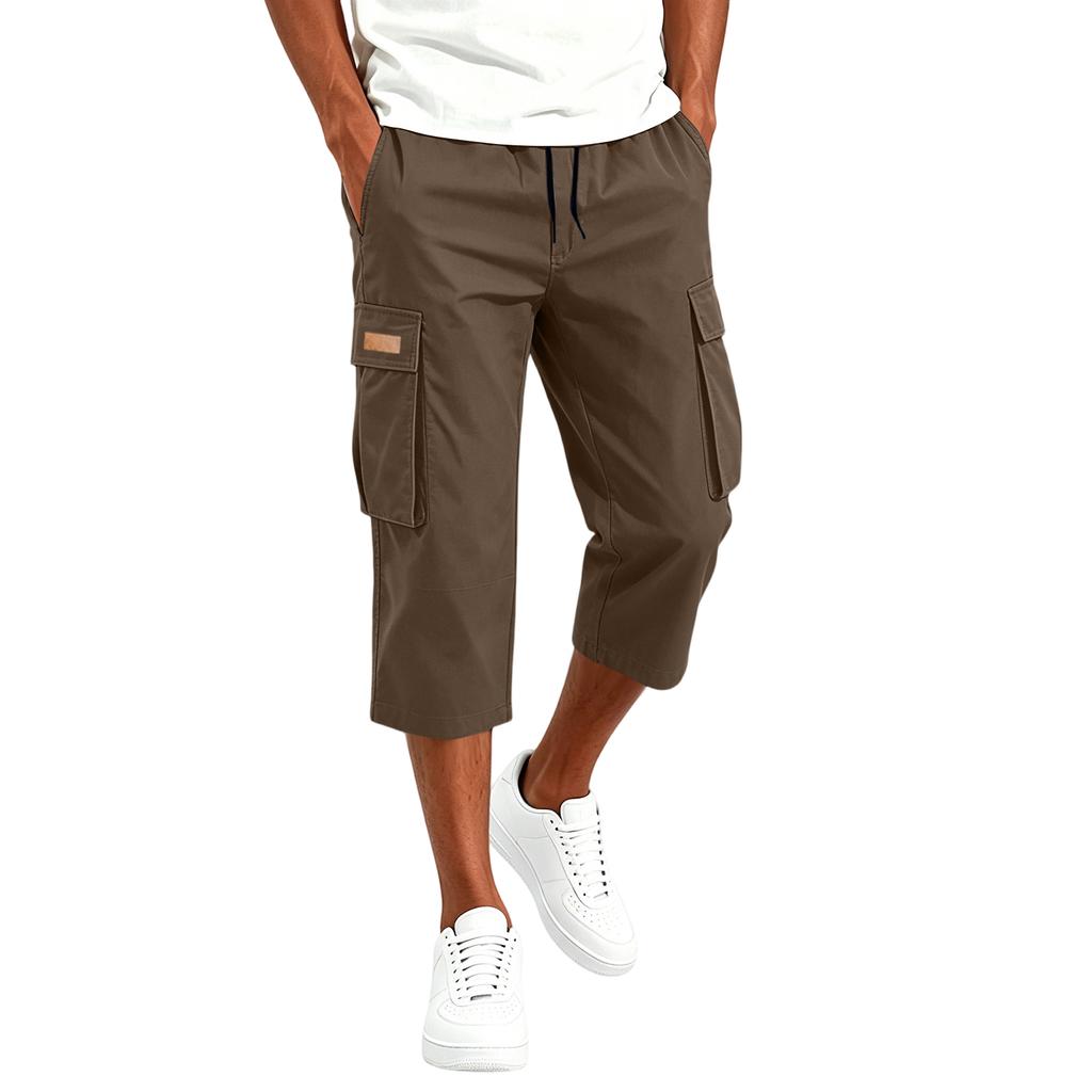 Men's Cargo Drawstring Pants Casual Multi Pocket Capri Work Trousers Lightweight Breathable Outdoor Utility Pants for Daily Wear