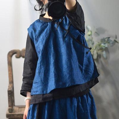 Women Vintage Vests Stand Sleeveless Tops Solid Color Patchwork Button Clothes Autumn Linen Vests Tops