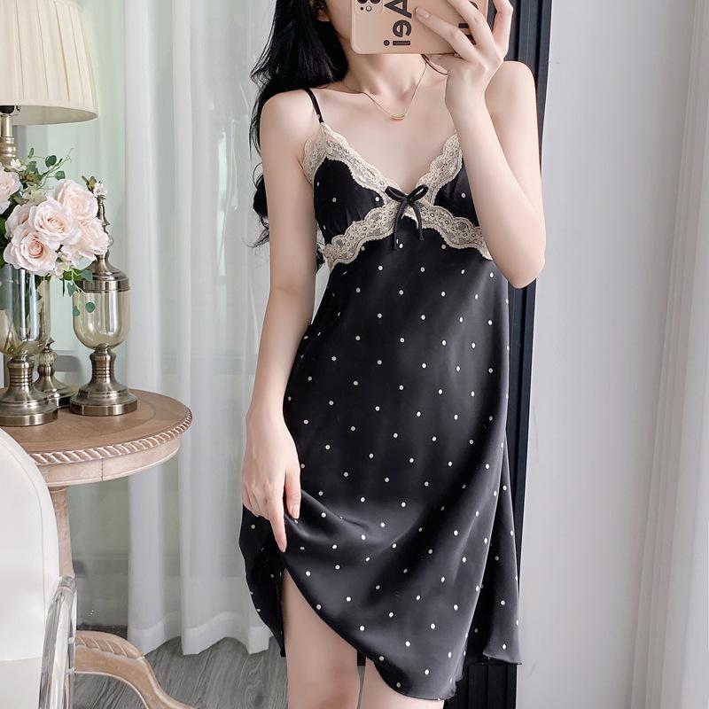 2025 New Women's Ice Silk Polka Dot Lace Nightgown