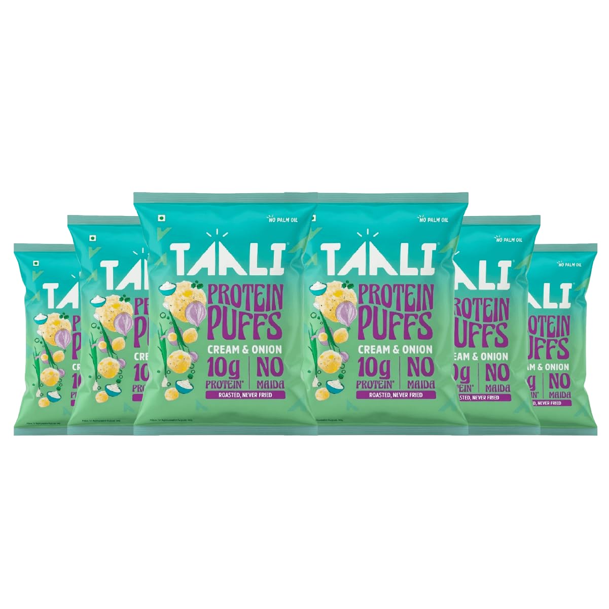 

Taali Jowar & Protein Puffs | 60 gm (Pack of 6) | Cream & Onion | Healthy Roasted Tasty Snacks, Ready to eat | 100% Veg., Gluten free products, N