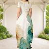 Women Plus Size Round Neck Short Sleeve Black Floral Tree Print Loose Long Dress With Side Pockets