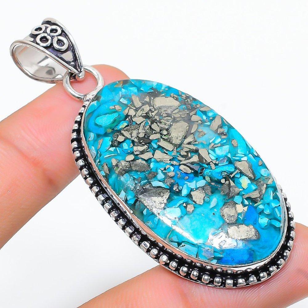 Přírodní měděný modrý tyrkys drahokam 925 Sterlingové stříbro přívěsek 2,56" b2z57