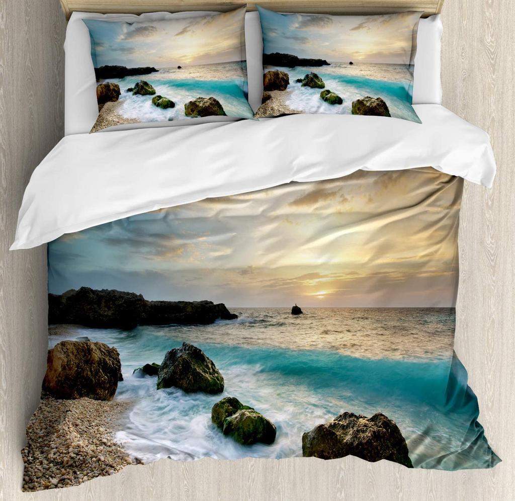 Ocean Beach Palm Tree Duvet Cover Set Sea Wave Polyester Quilt Cover Tropical Leaves Hawaiian Vacation Print For Kid Adult Teen