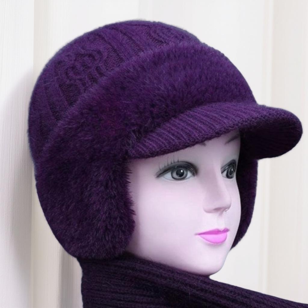 Middle aged and Elderly Women's Mink Velvet Ear Protection Woolen Hat Women's Winter Hat Scarf Set Warm Knitted Hat Peaked Cap