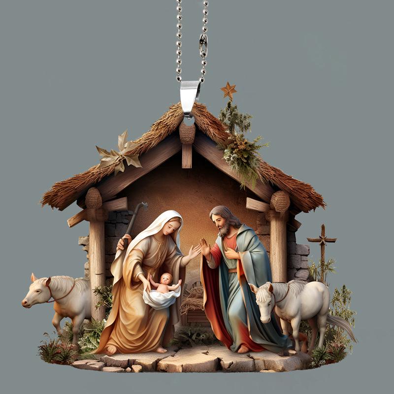 Christmas Tree Jesus Pendant Ornament Family Prayer Scene Pendant Bright Colored Car Decoration Pendant Home Decorations