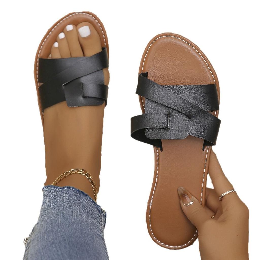 Special For Large Size Flat-Bottomed Slippers, Women'S Solid Color Foot Wear, Casual Fish Mouth Cool Slippers.