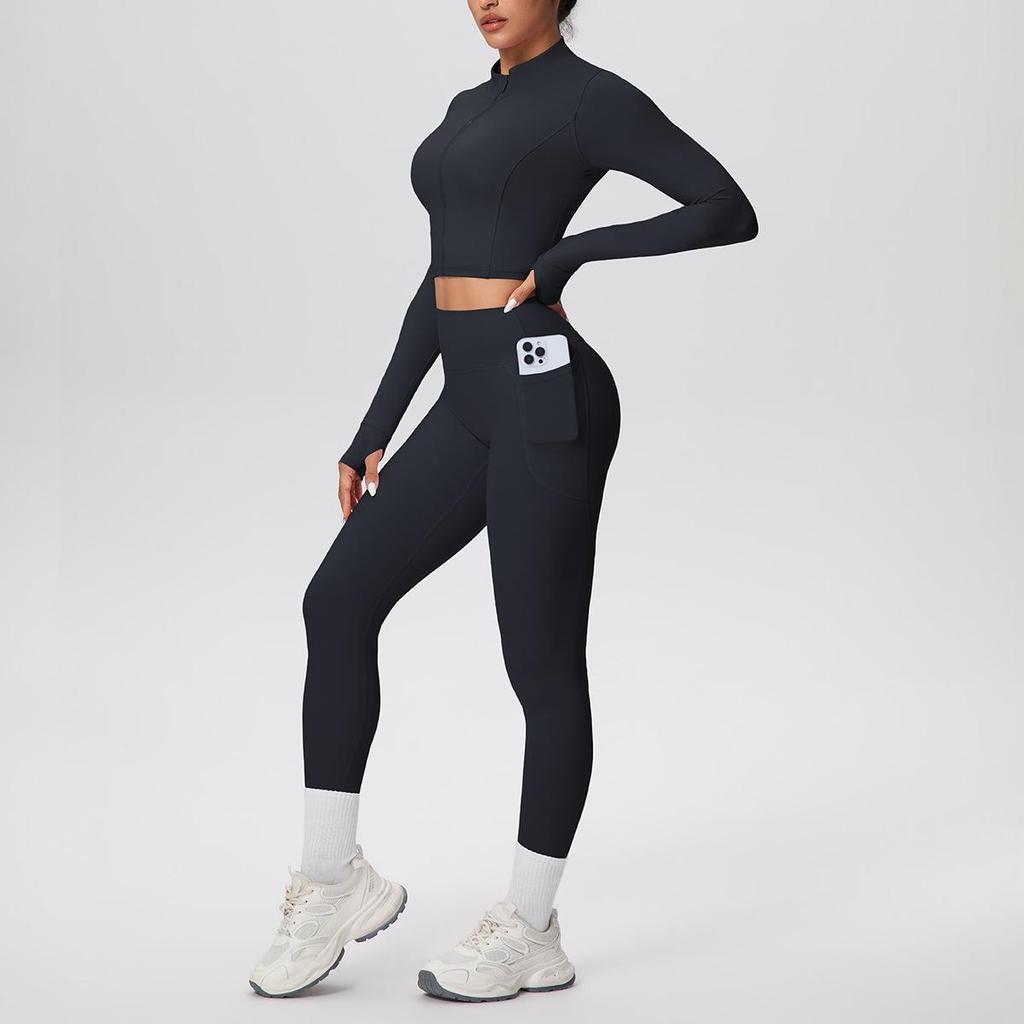 Zipper Crop Top Jacket & High-Waist Butt-Lifting Pocketed Pants Sports Set - Perfect for Yoga, Running, & Casual Fitness.