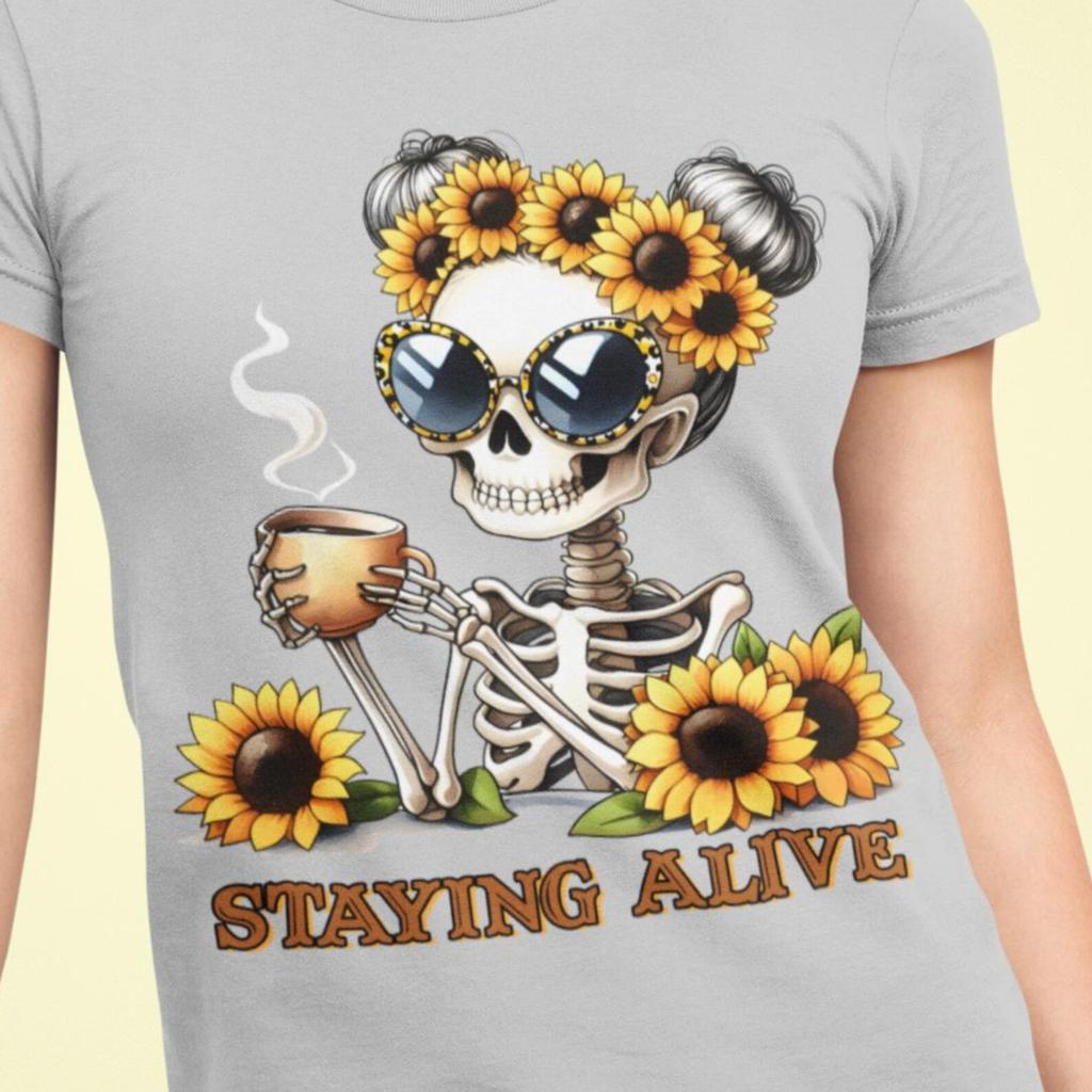 Sunflower Skeleton Shirt | Staying Alive Funny Skull Tee | Aesthetic Floral Gothic Shirt | Coffee Lover Graphic Tee | Fall Halloween Gift