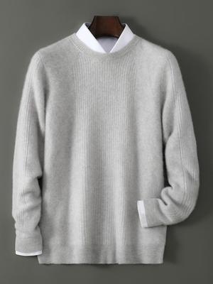 Men's High-Quality 100% Wool Round Neck Sweater, Vertical Ribbed Knit, Soft and Luxurious Thick Base Layer