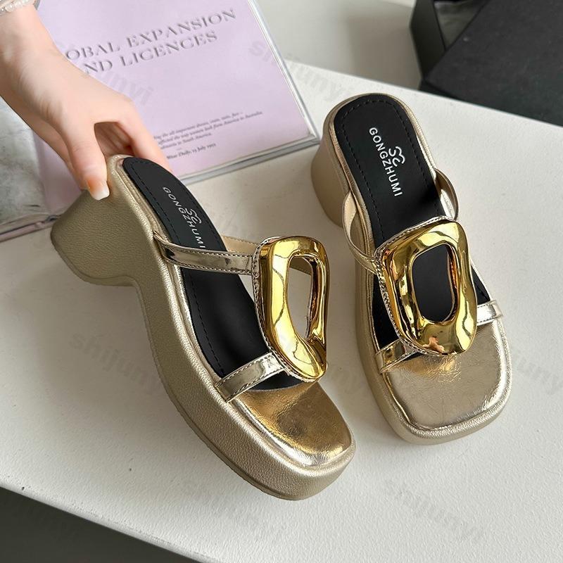 Summer Women's Slippers 2025 New Fashion Casual High-heeled Slippers Platform Luxury Wedge Heel High Slippers Sandalias De Mujer