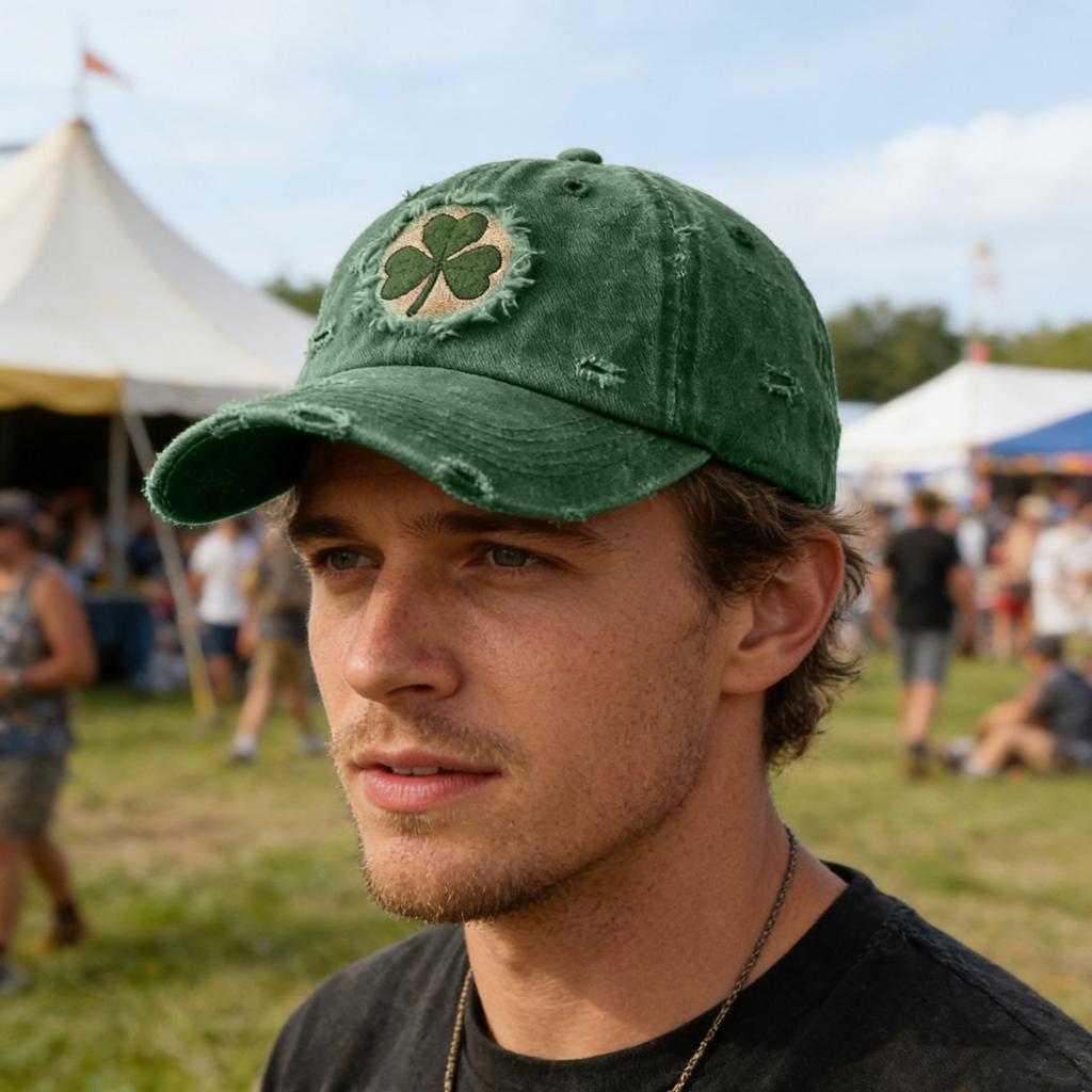 Distressed Washed Cotton Baseball Cap with Embroidered Clover Adjustable Vintage Style Dad Hat