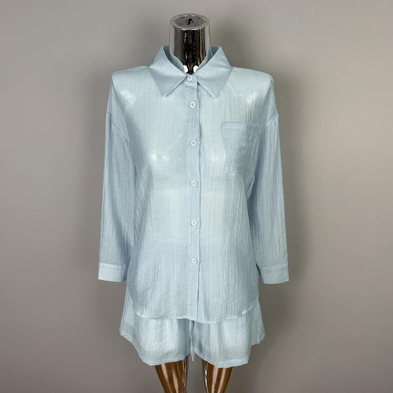 Korean Dongdaemun Fashion Casual Solid Color Slimming Long Sleeve Shirt & Shorts Set Women's Trend