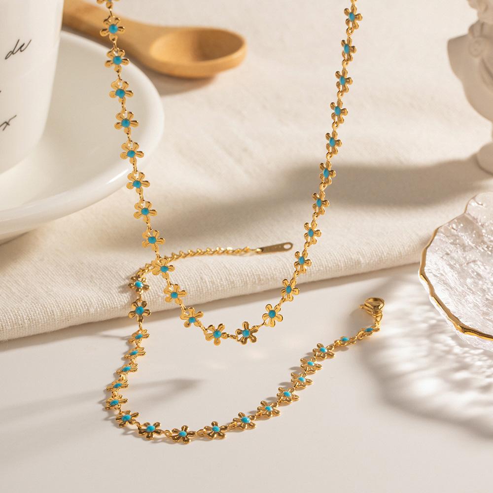 Vergulde Roestvrij Staal Waterdichte Ketting Armband Set Kleurrijke Kunstmatige Kristal Bloem Ketting Sieraden Set voor Vrouwen Cadeau