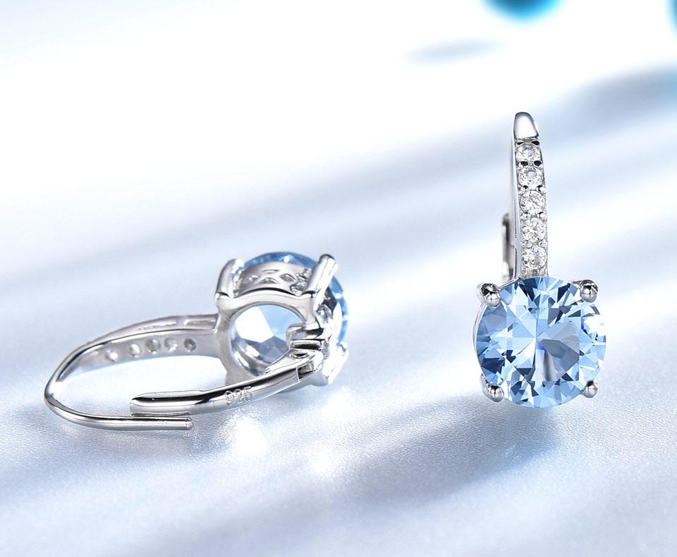 8mm Sky Blue Round Tarnish Unique Zircon Womens 925 Silver Earring