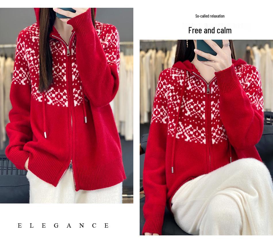 Women's Fair Isle Wool Knit Hooded Cardigan - Double Zipper, Korean Style, Autumn/Winter