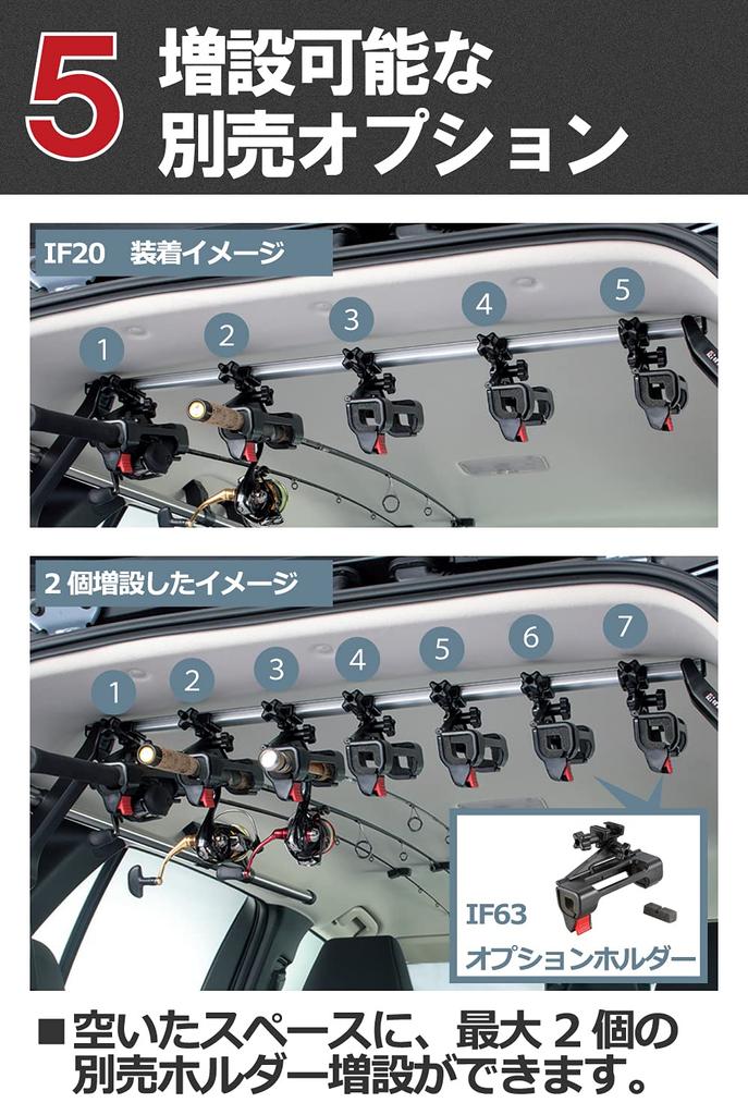 CARMATE INNO IF20 Fishing Rod Car Tension Hold Type Holder, One-Touch Detachable, 5-Rod Capacity,