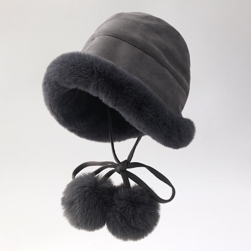 Cute Fur Ball Suede Fisherman Hat for Women In Autumn and Winter Thickened Velvet Warmth and Cold Protection Ear Protection Hat Plush Pot Hat