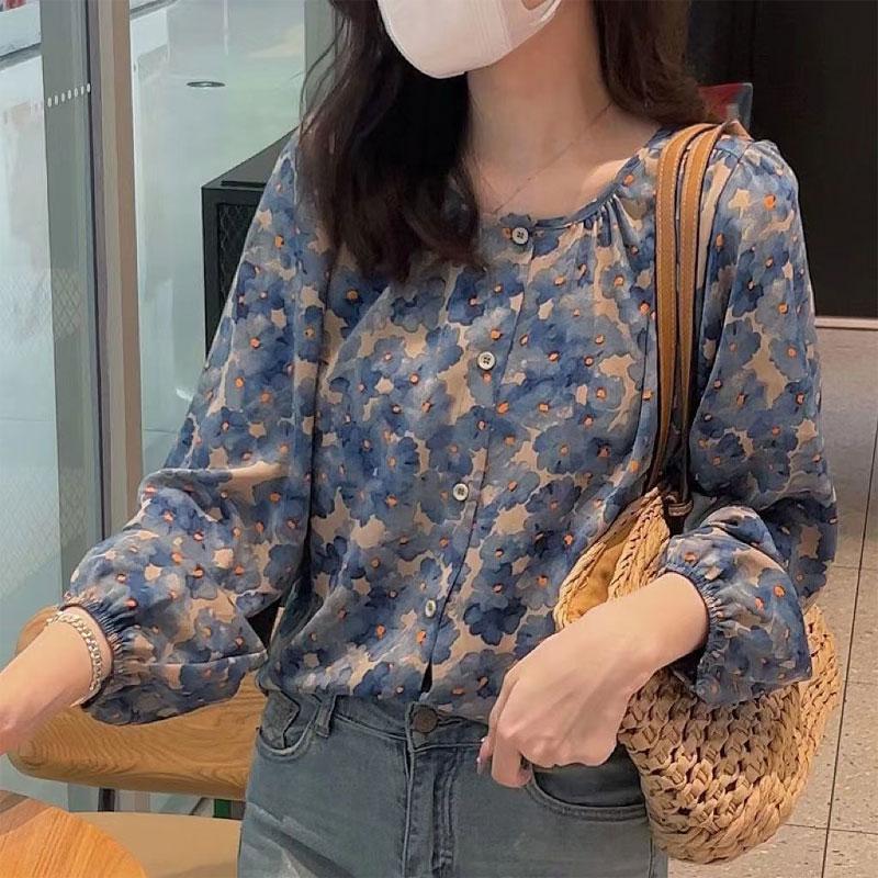 Stylish Sweet Broken Flowers Shirt Vintage Printed Female Clothing Commute Single-breasted Spring Autumn Casual O-Neck Blouse