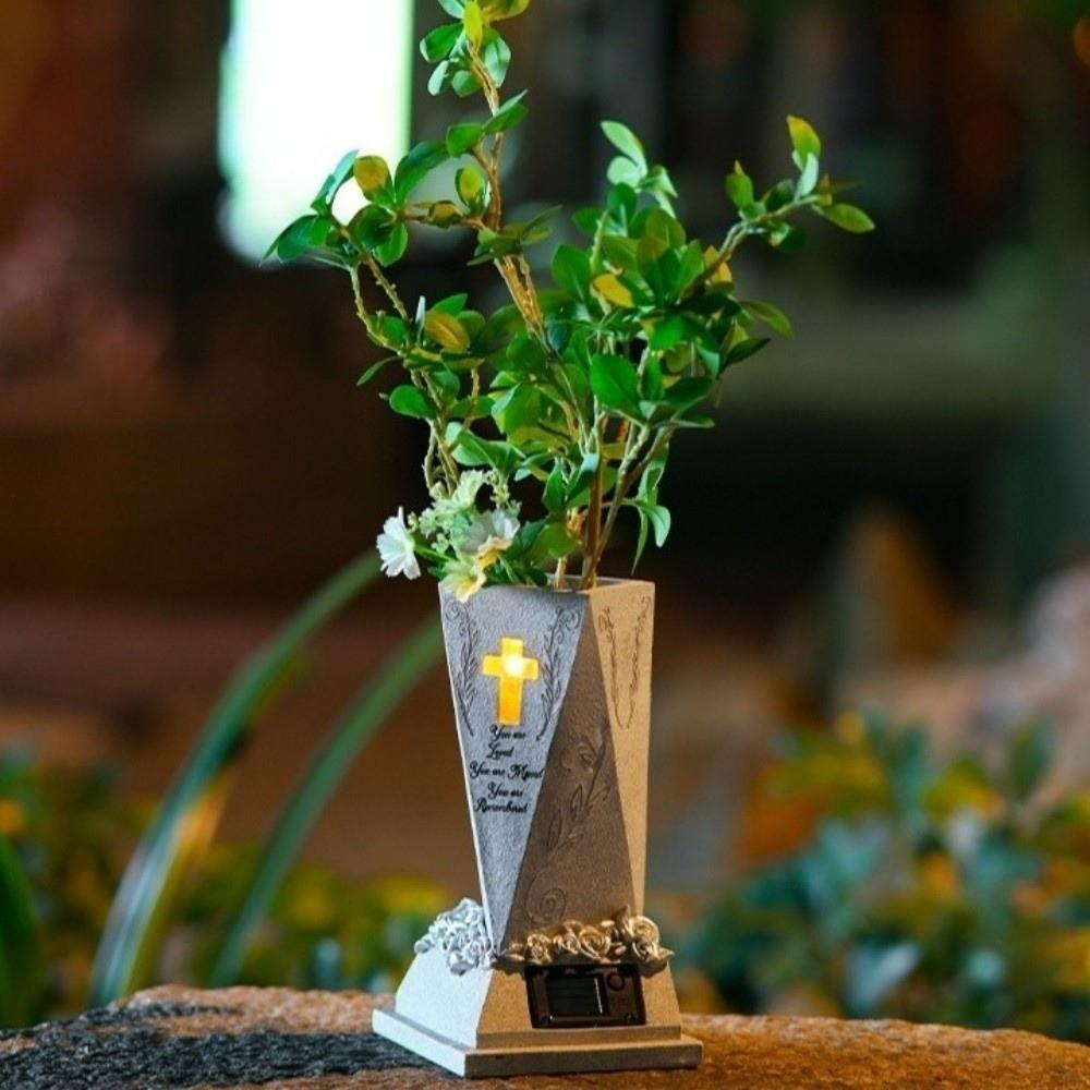 Resin Solar Cemetery Vase Solar Powered Hand-Painted Decorative Grave Flower Vase Cross Ornament Memorial Floral Holder