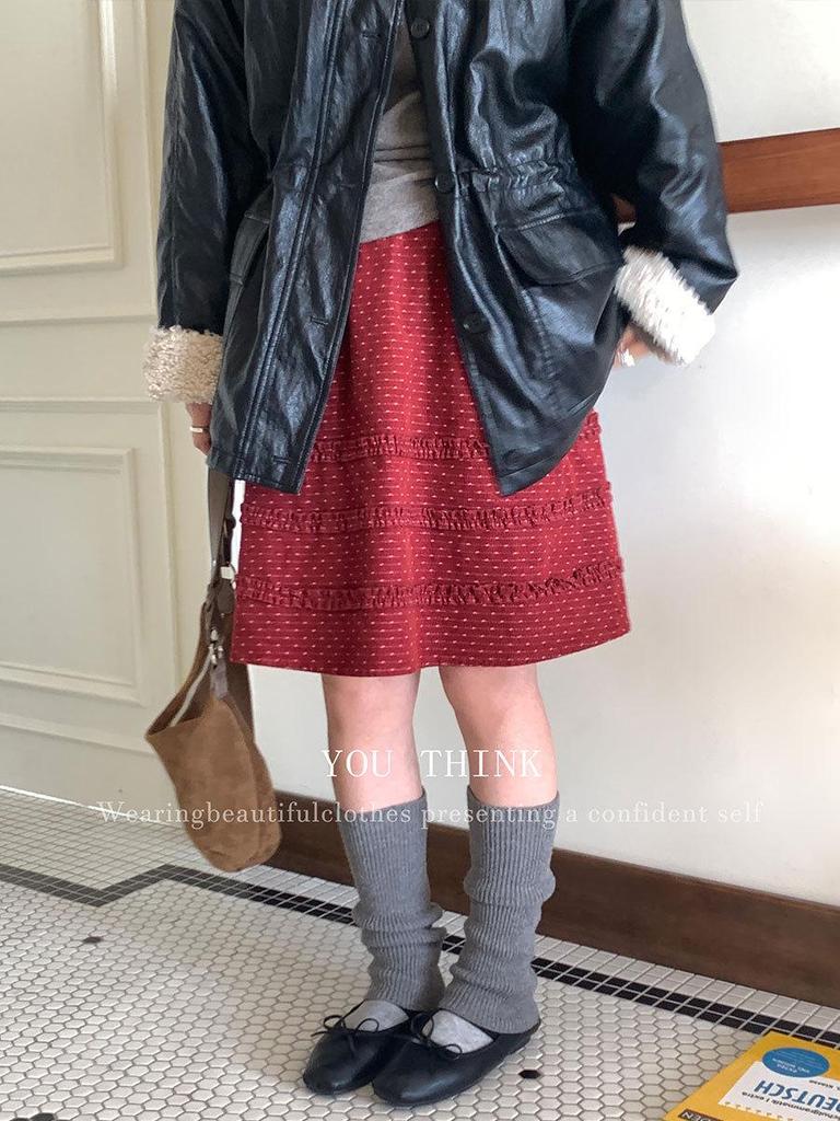 Winter Korean Patchwork Lace Polka Dot Midi Skirt for Women