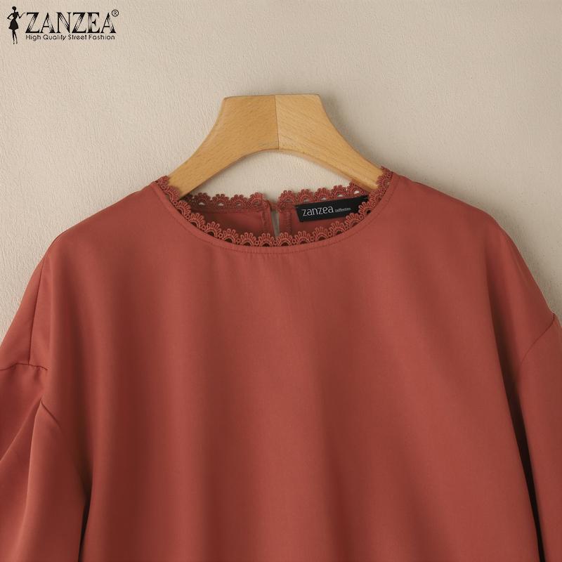 ZANZEA Women Casual Round Neck Loose Retro 3/4 Sleeve Blouse