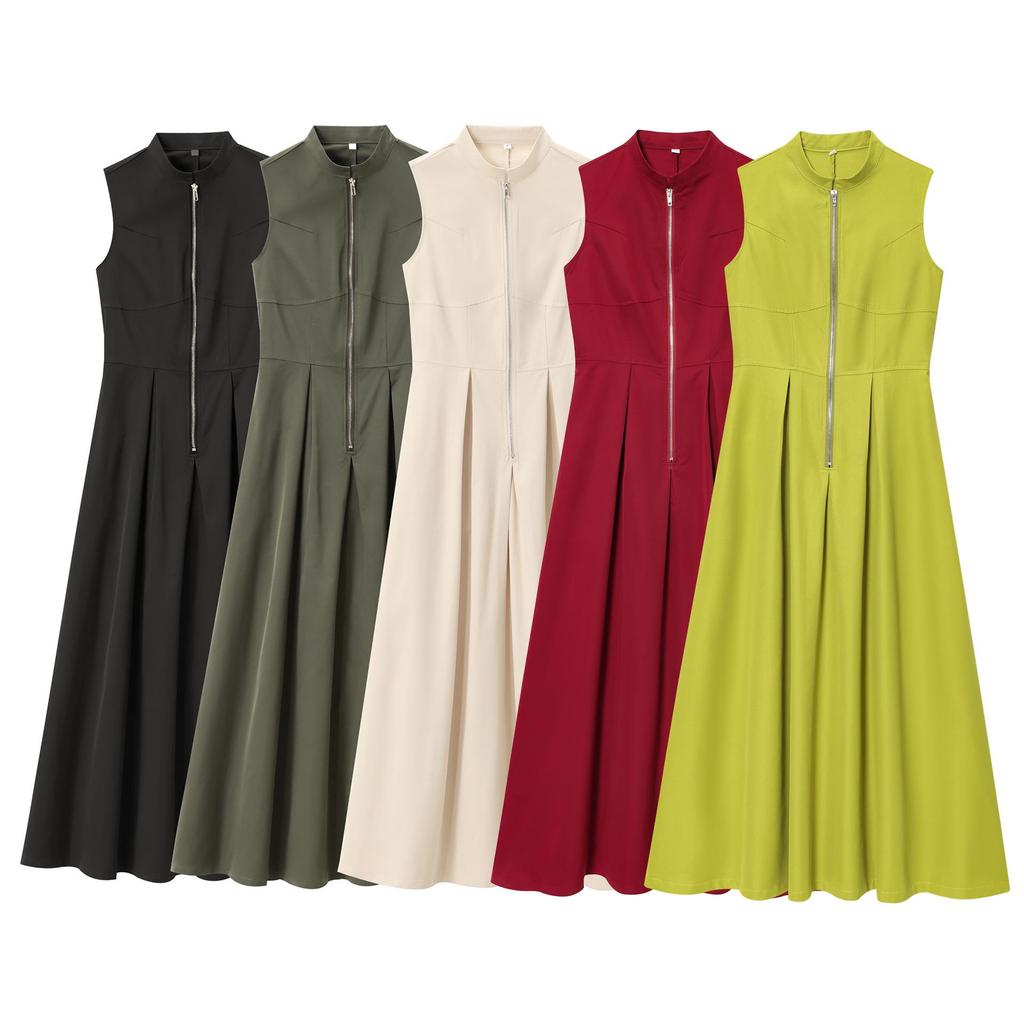 European-Style 2025 Spring Women's Sleeveless Waist-Hugging Round Neck Midi Dress