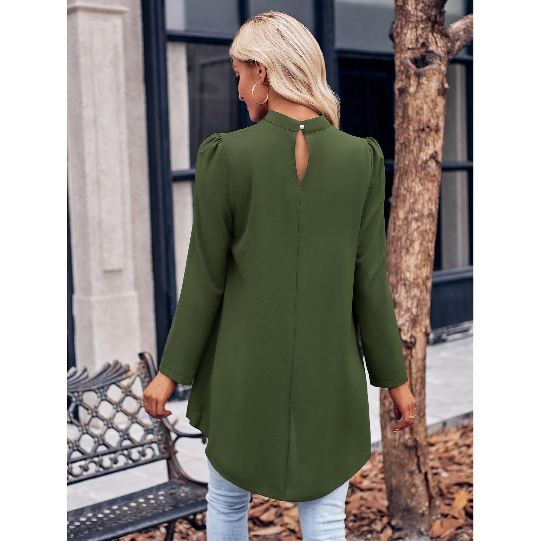 Повседневная женская модная однотонная рубашка с высоким воротником и длинными рукавами — фото 4