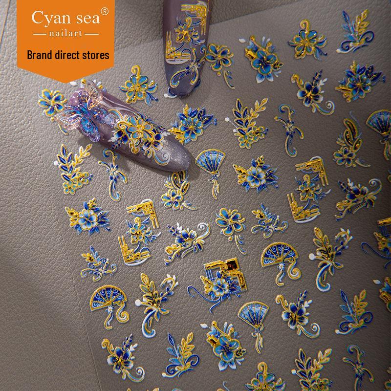Cyansea Hot Stamping Blue Flower Feather Fan Nail Stickers