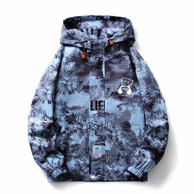Men's New Autumn and Winter Handsome Hooded Splash Bear Print Coat Original Loose Hong Kong Style Camouflage Casual Workwear