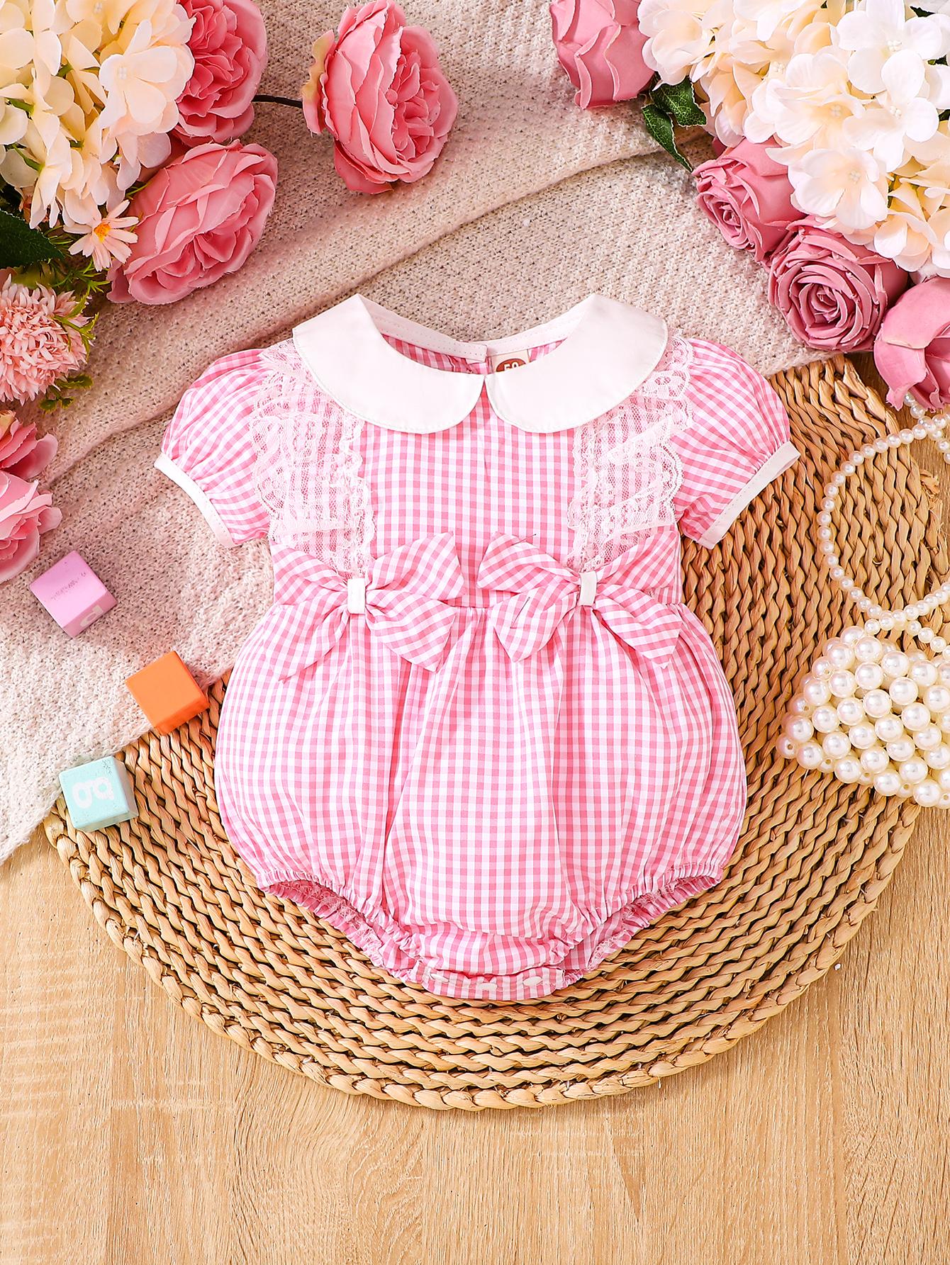 Sweet Peter Pan Collar Baby Romper, Pink Plaid Lace & Bow Casual Outfit for Newborn 59/66/73/80/90 бейкер миллер розовый