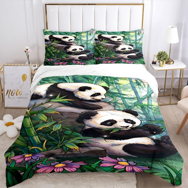 3-teiliges Panda Bambuswald Bettwäsche-Set - Enthält 1 Bettbezug und 2 Kissenbezüge, Ohne Bettdeckenbezug, Ganzjahres Heimdekoration yy251111123