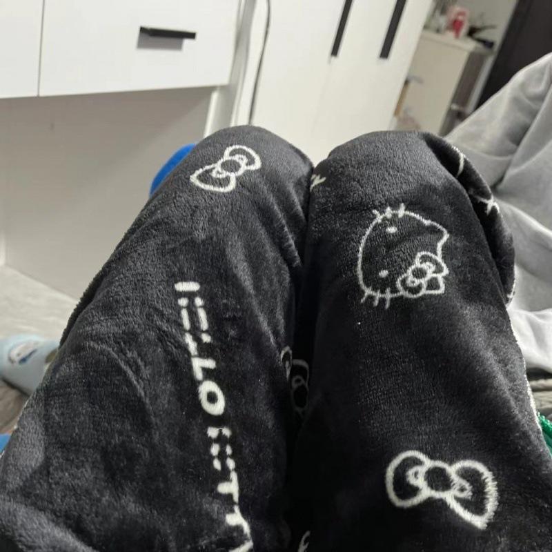 Women's Cartoon KT Cat Flannel Sleep Pants - Thick, Fleece-lined, Warm Homewear for Autumn & Winter