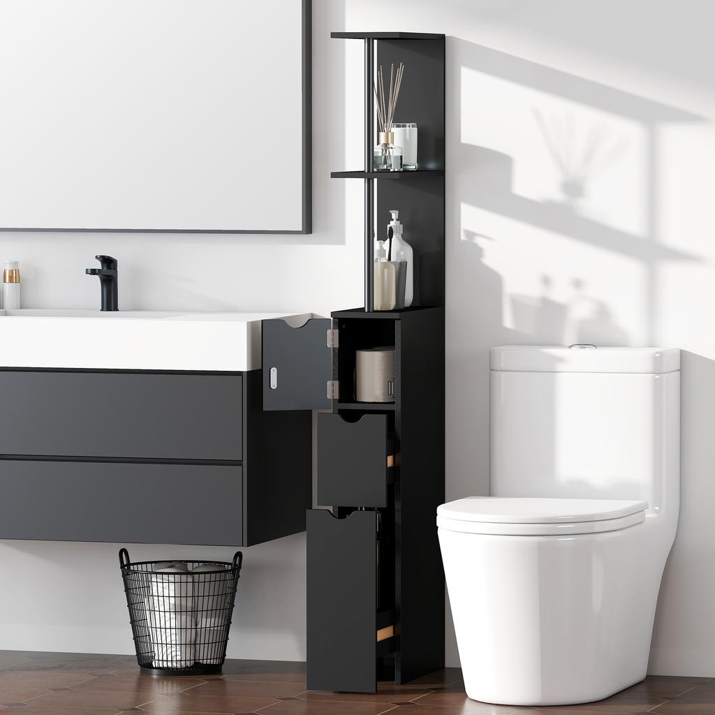 Bathroom Column Cabinet with Drawers and Open Shelves, 15 X 33 X 136.8 Cm, Black