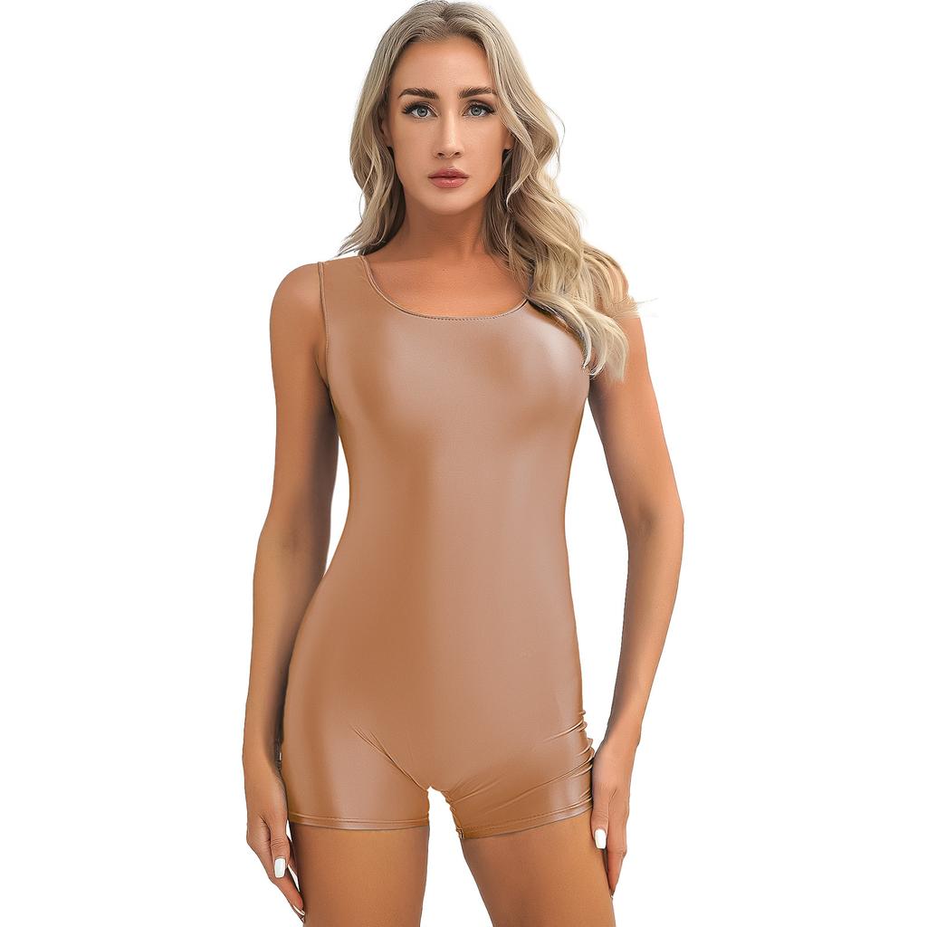 Womens Glossy Sleeveless Short Jumpsuit Solid Color U Neck Bodysuit