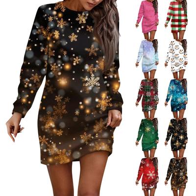 Long Sleeve Dress For Women Casual Christmas Printed Pullover Hip Pack Dress Sweater Dress Autumn