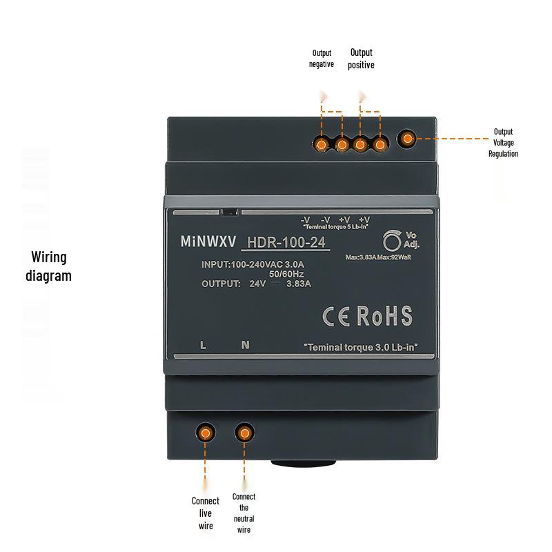 HDR 100W DIN Rail Power Supply, 12V/24V DC, 220V AC to DC Converter