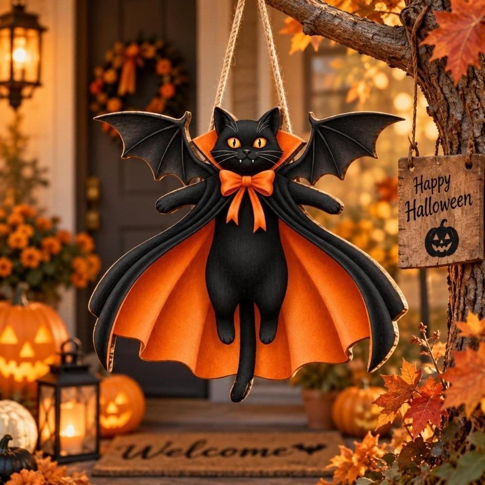 Wooden Black Cat Pendant 2D Flat Halloween Decoration Vintage Hanging Decoration Sign  Halloween