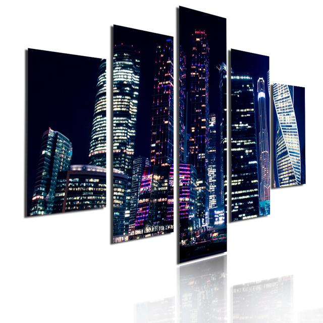 5 Pieces Modular Picture Bustling Cityscape Poster HD Printed Wall Art Modern Metropolis Skyscrapers Canvas Painting Home Decor