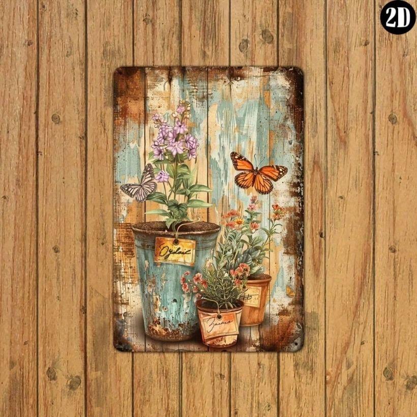 Vintage Butterfly Flower Pot Metal Poster 8x12 Inch Wall Art for Living Room