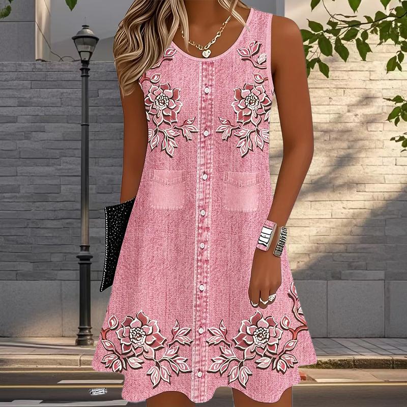 Women's Cowboy Printed Sleeveless Round Neck Dress Loose Soft and Comfortable Plus Size Dress
