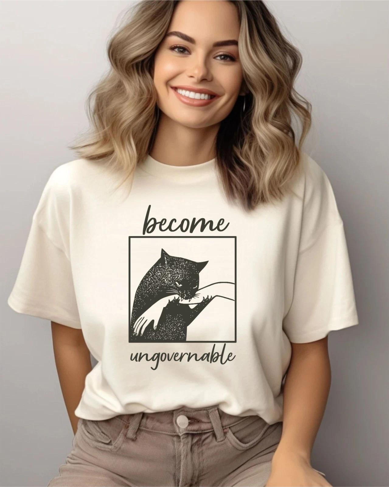 Become Ungovernable Cat Biting Hand T-Shirt, Vintage Graphic Tee, Silly Cats Top 2XL
