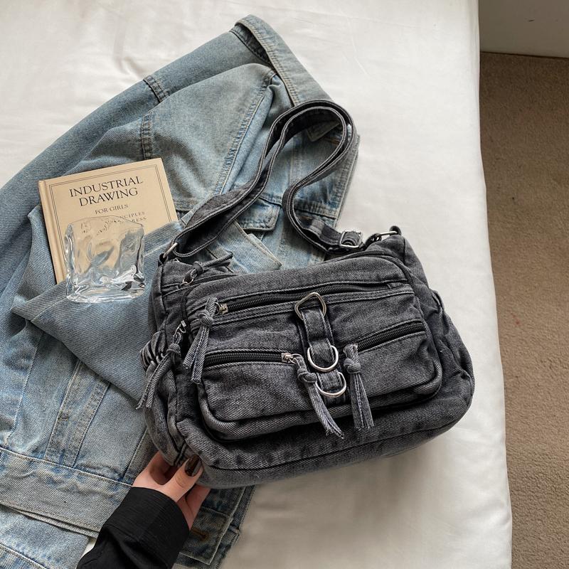 Women Crossbody Bag Vintage Shoulder Bag Multi-Layer Pocket Denim Bag