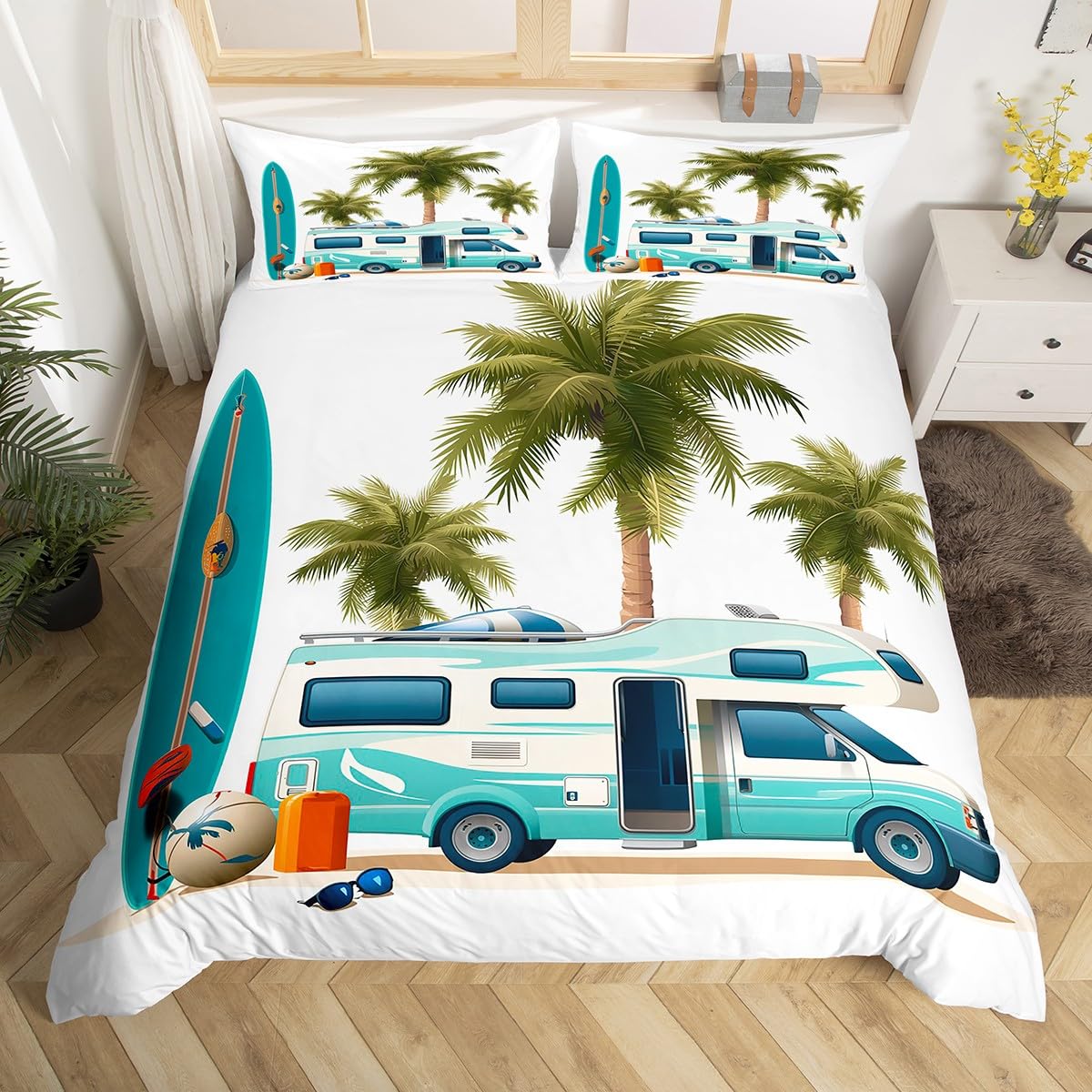 

Щасливий Кемпінг Підодіяльник Кемпер Набір постільної білизни Рослини Відпочинок Подорож Пригоди Підодіяльник Кемпер Автомобіль Синє небо Підодіяльник EU single(135x200cm)