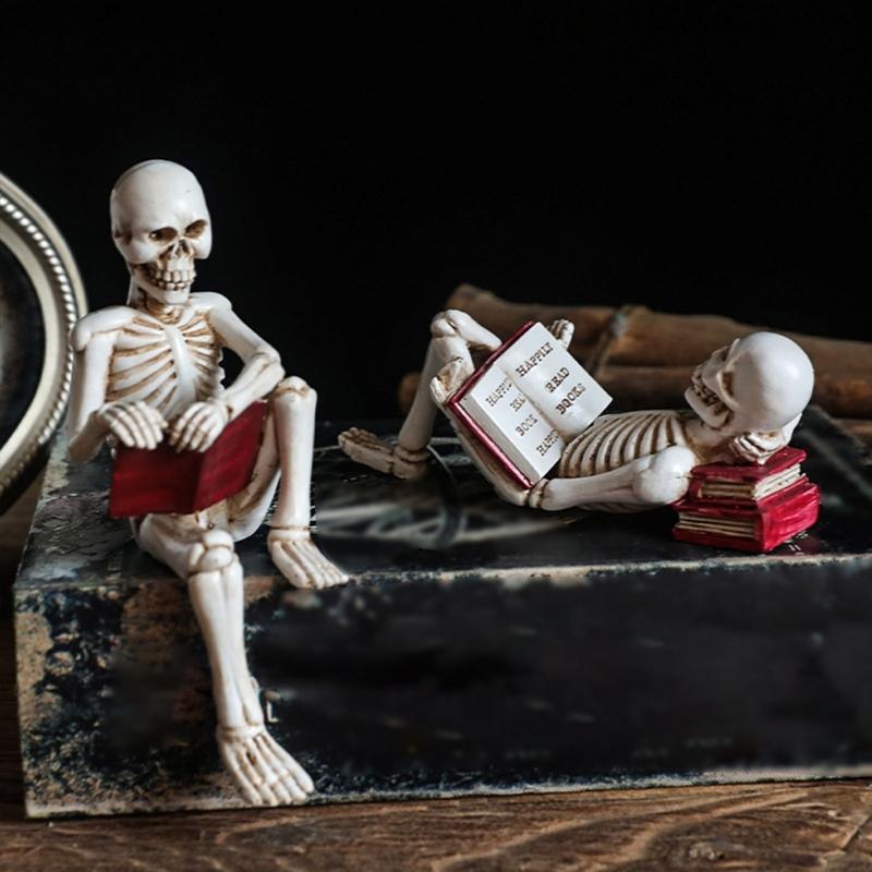 Reading Skull Figure Resin Statue Skeleton Reader with Book for Adding Character To Bookshelves and Office